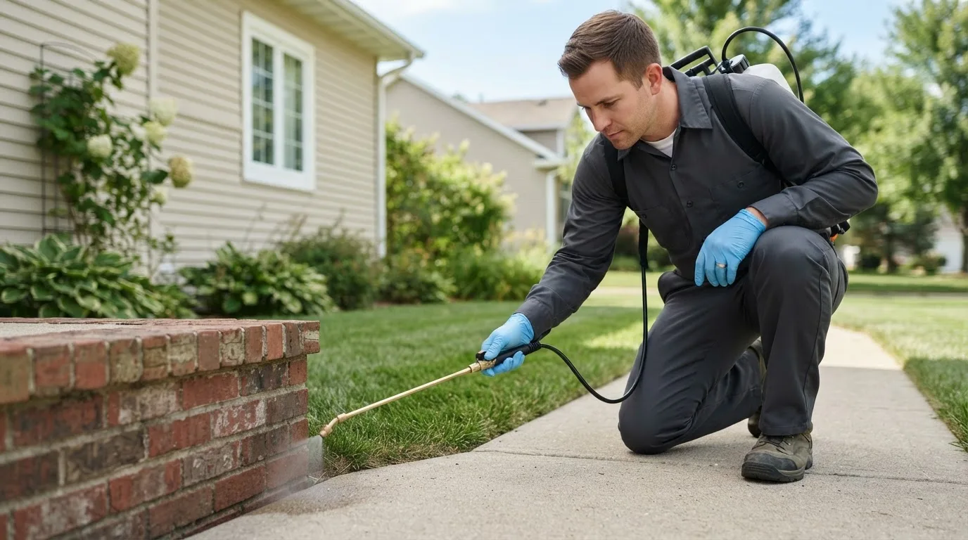 Pest control technician treating a home near Ollie, IA