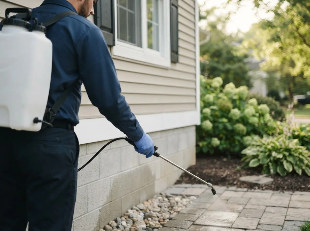 Pest control technician inspecting a home in Ollie, IA